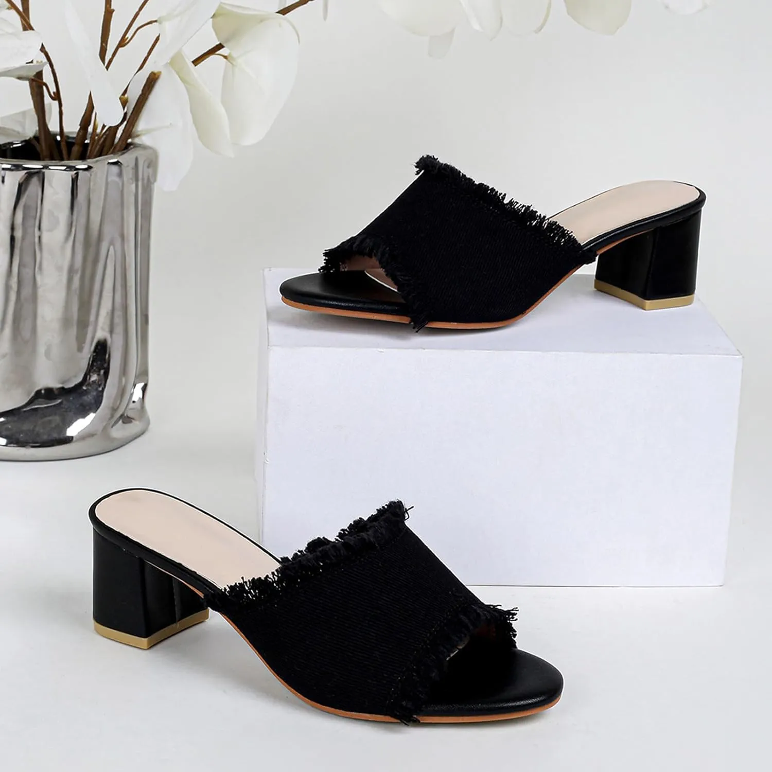 Women'S Linen Peep Toe Slip-On High Heel Sandals Fashionable Round Open Toe Chunky Block Heel Non-Slip Mules For Leisure, Dating, Work