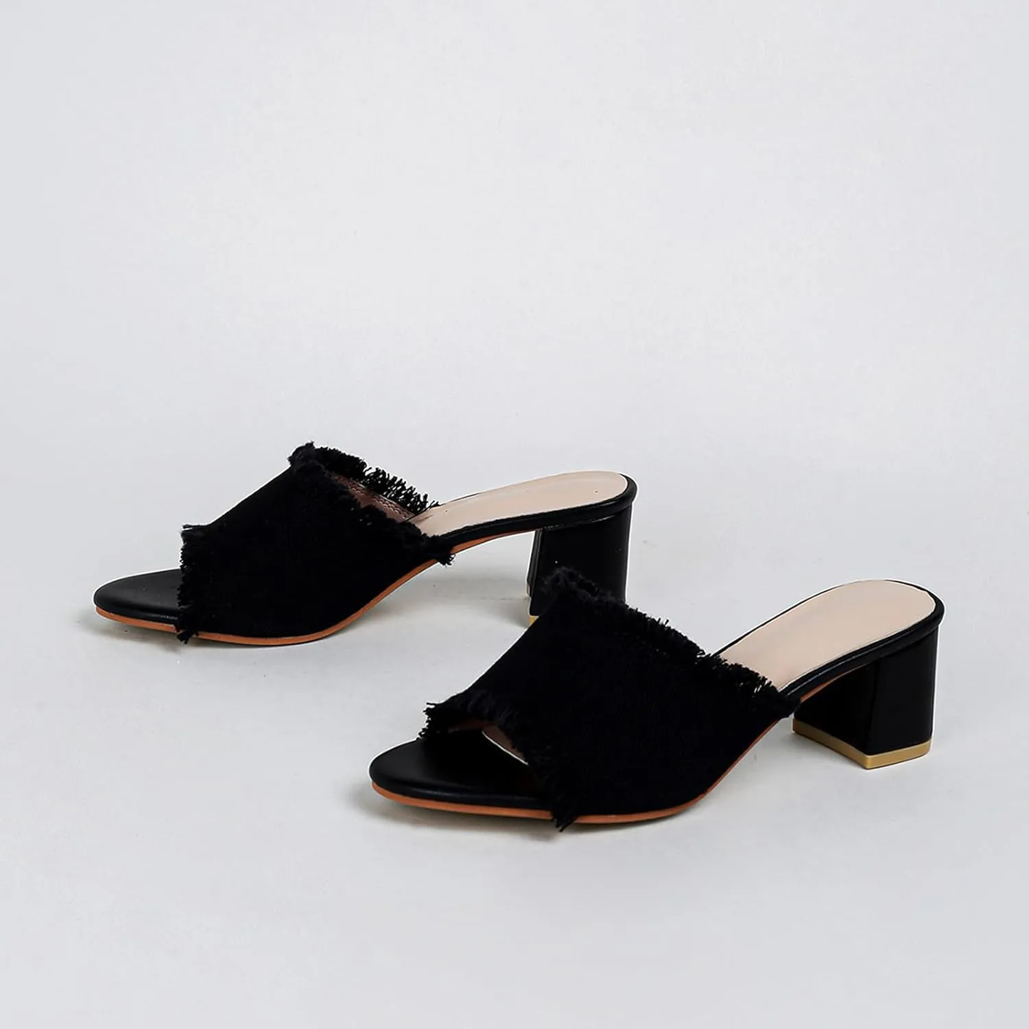 Women'S Linen Peep Toe Slip-On High Heel Sandals Fashionable Round Open Toe Chunky Block Heel Non-Slip Mules For Leisure, Dating, Work