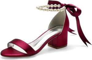 Women's Low Block Heel Sandals Chunky Ankle Strap Pearl Wedding Dress Shoes Low Heel Comfortable Pump Sandals