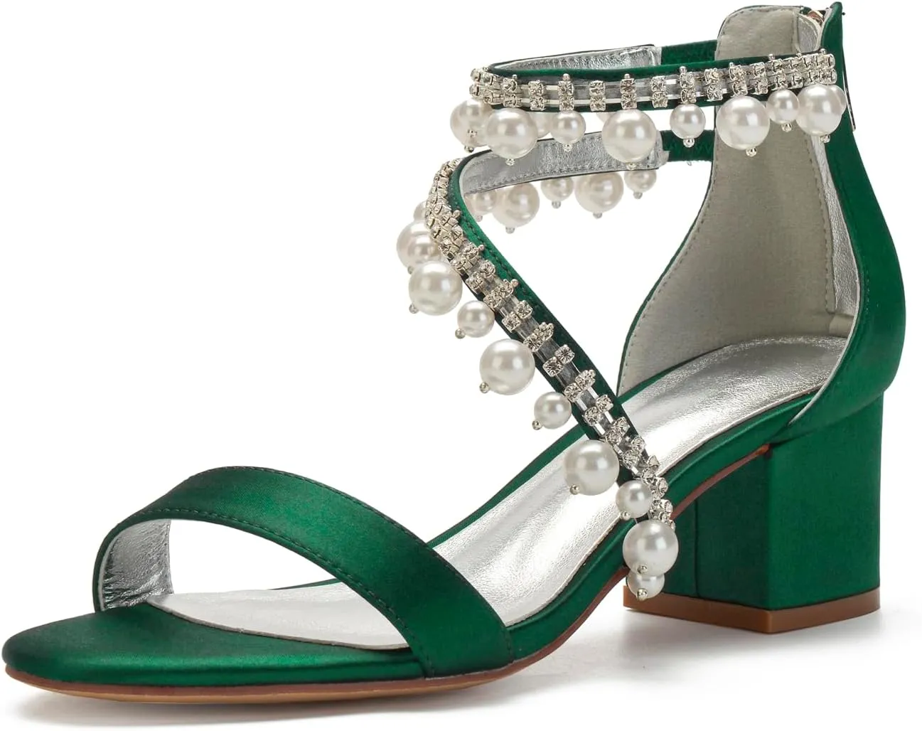 Women's Low Block Heel Sandals Chunky Ankle Strap Satin Pearl Wedding Shoes for Bride Low Heels Formal Prom Party Dress Shoes Comfortable Pump Sandals