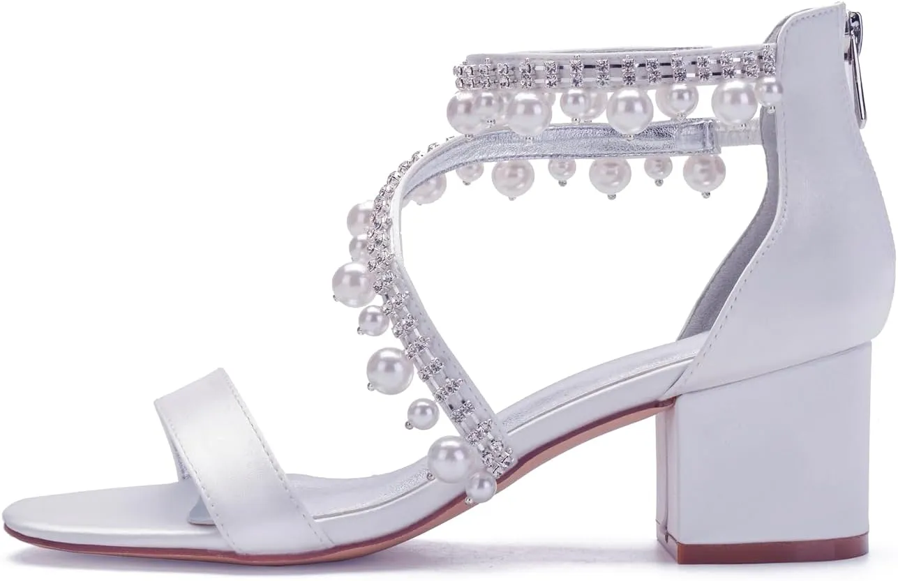 Women's Low Block Heel Sandals Chunky Ankle Strap Satin Pearl Wedding Shoes for Bride Low Heels Formal Prom Party Dress Shoes Comfortable Pump Sandals