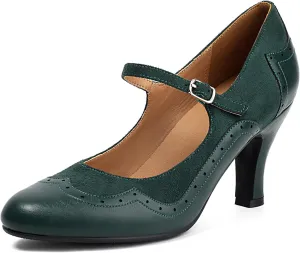 Women's Mary Jane Wingtip Rockability Close Round Toe Vintage 1950s Heels Oxford 1930s Ankle Straps Retro 1920s Victorian Pumps Shoes (Green US7)