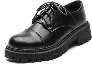 Women's Patent Leather Platform Oxfords Classic Lace Up Comfortable Round Toe Non-Slip Lug Sole Chunky Heel Uniform Dress Shoes for Business Casual Work Office