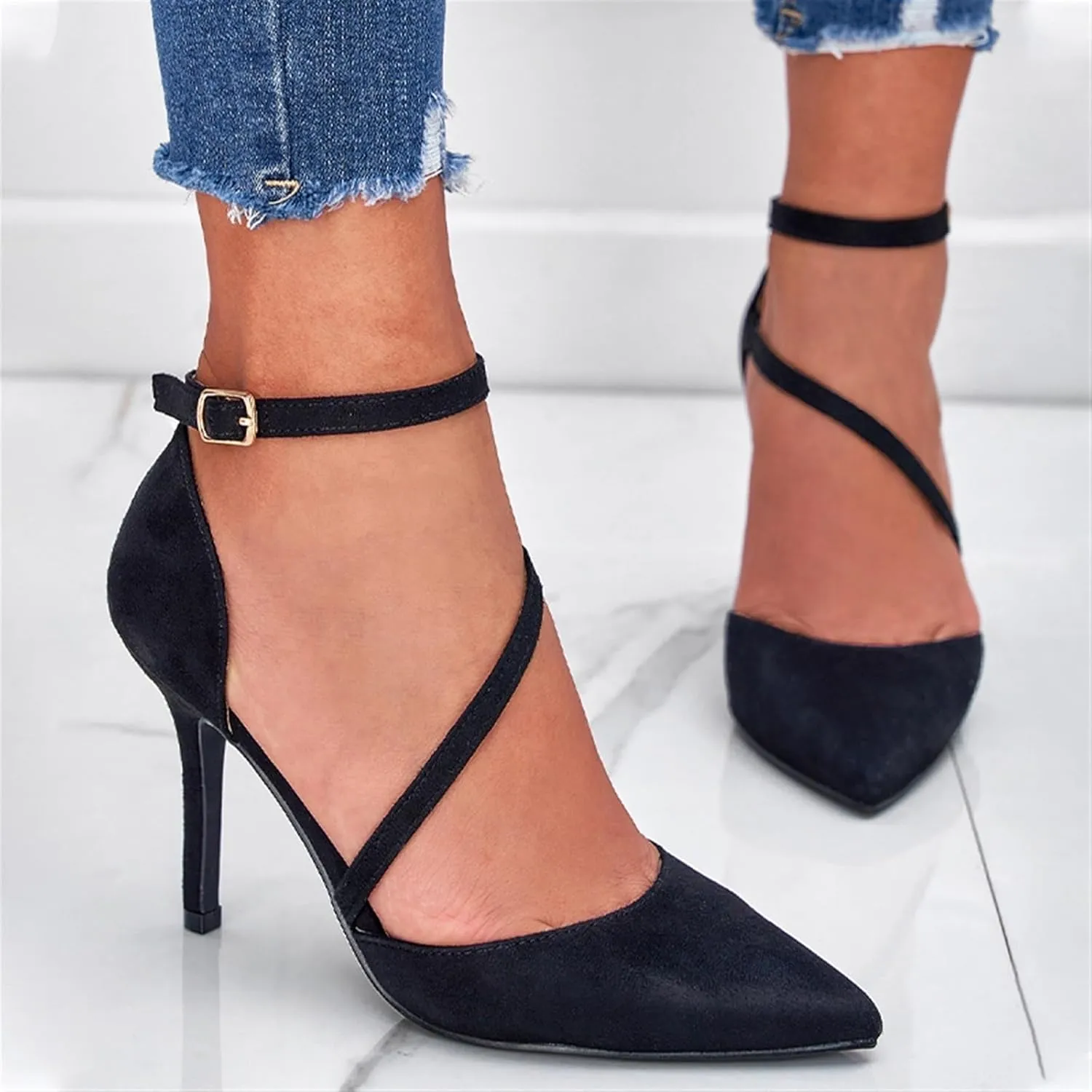 Women's Pumps Point Closed Toe Heels Cloth Straps Cross Adjustable Ankle Straps Dress Shoes Wedding Bridal Evening Party Dress Shoes Heeled Sandals