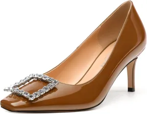 Womens Pumps, Small Square Toe Kitten Heels Pumps for Women, Rhinestone Square Buckle Decoration Daily Dress Pump Shoes 2.5"