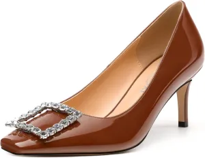 Womens Pumps, Small Square Toe Kitten Heels Pumps for Women, Rhinestone Square Buckle Decoration Daily Dress Pump Shoes 2.5"