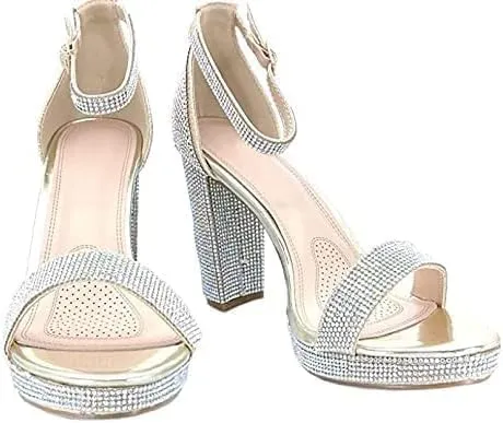 Women's Rhinestone Accent Open Toe Chunky High Heel Low Platform Formal Sandal