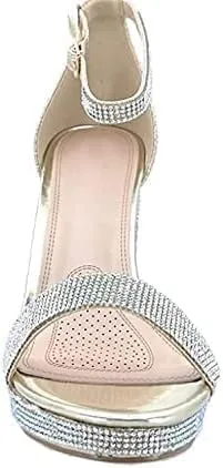 Women's Rhinestone Accent Open Toe Chunky High Heel Low Platform Formal Sandal