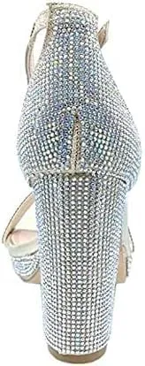 Women's Rhinestone Accent Open Toe Chunky High Heel Low Platform Formal Sandal