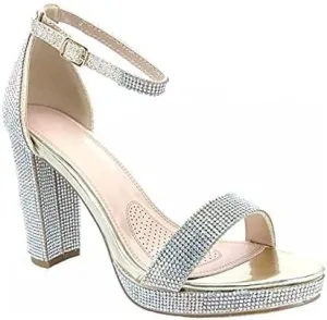 Women's Rhinestone Accent Open Toe Chunky High Heel Low Platform Formal Sandal