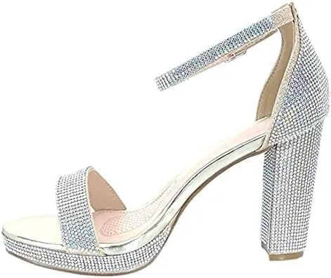 Women's Rhinestone Accent Open Toe Chunky High Heel Low Platform Formal Sandal