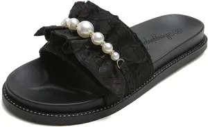 Women'S Ruffles Pearl Platform Sandals Fashion Round Open Toe Slip On Memory Foam Comfory Chunky Sole Dress Slides Sandals Outdoor Beach Casual Slippers