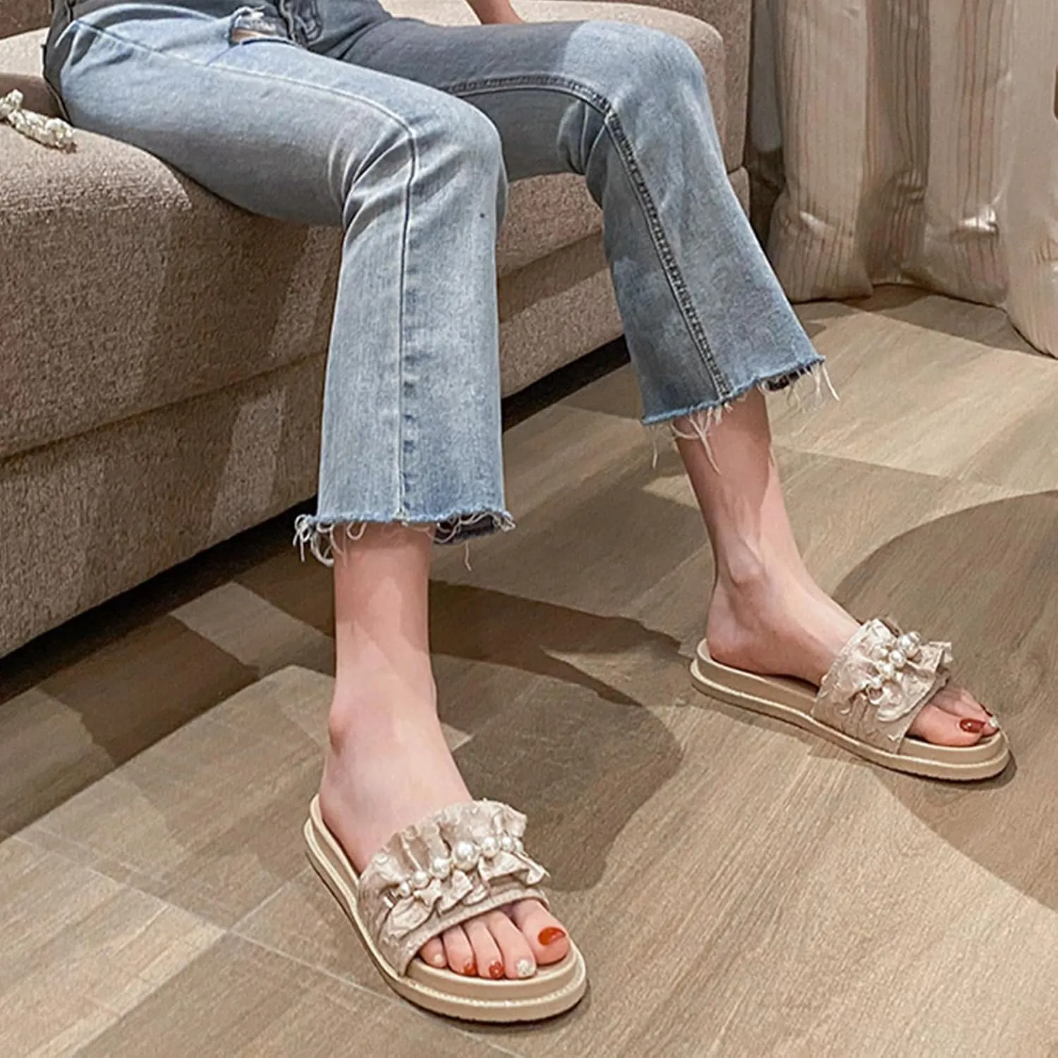 Women'S Ruffles Pearl Platform Sandals Fashion Round Open Toe Slip On Memory Foam Comfory Chunky Sole Dress Slides Sandals Outdoor Beach Casual Slippers