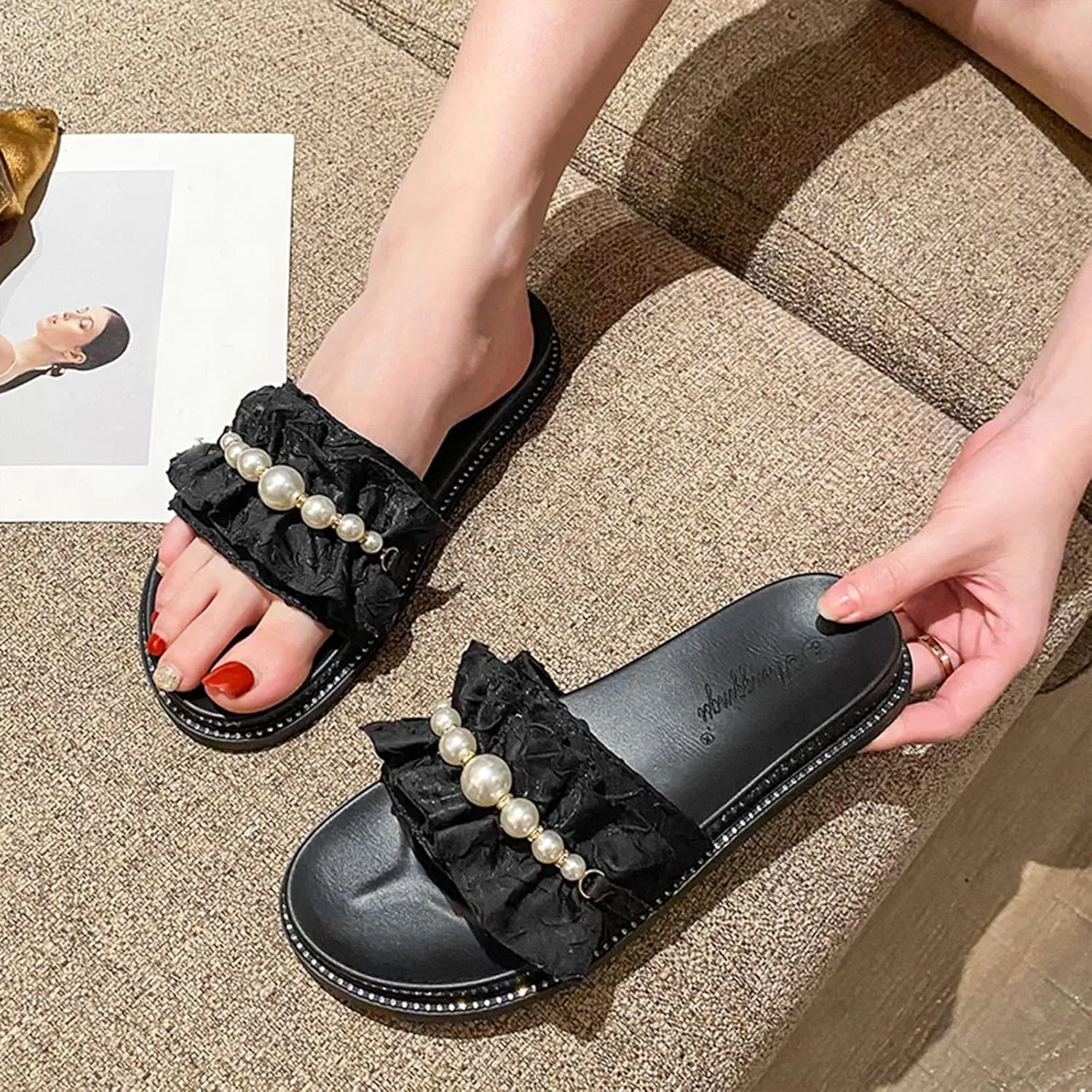 Women'S Ruffles Pearl Platform Sandals Fashion Round Open Toe Slip On Memory Foam Comfory Chunky Sole Dress Slides Sandals Outdoor Beach Casual Slippers