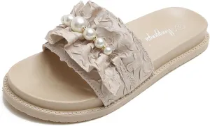 Women'S Ruffles Pearl Platform Sandals Fashion Round Open Toe Slip On Memory Foam Comfory Chunky Sole Dress Slides Sandals Outdoor Beach Casual Slippers