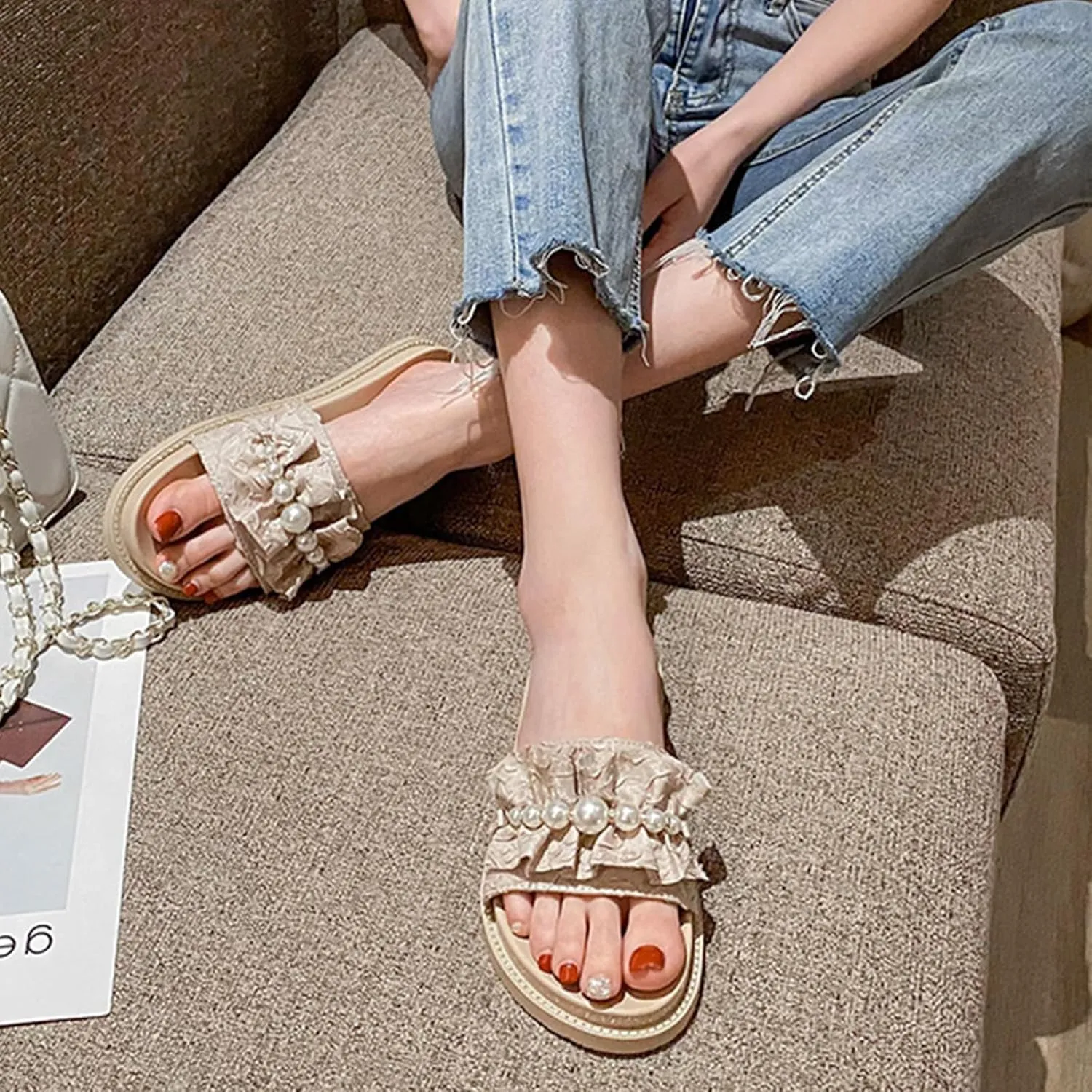 Women'S Ruffles Pearl Platform Sandals Fashion Round Open Toe Slip On Memory Foam Comfory Chunky Sole Dress Slides Sandals Outdoor Beach Casual Slippers