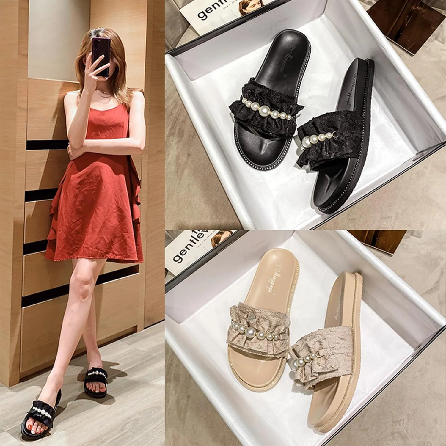 Women'S Ruffles Pearl Platform Sandals Fashion Round Open Toe Slip On Memory Foam Comfory Chunky Sole Dress Slides Sandals Outdoor Beach Casual Slippers