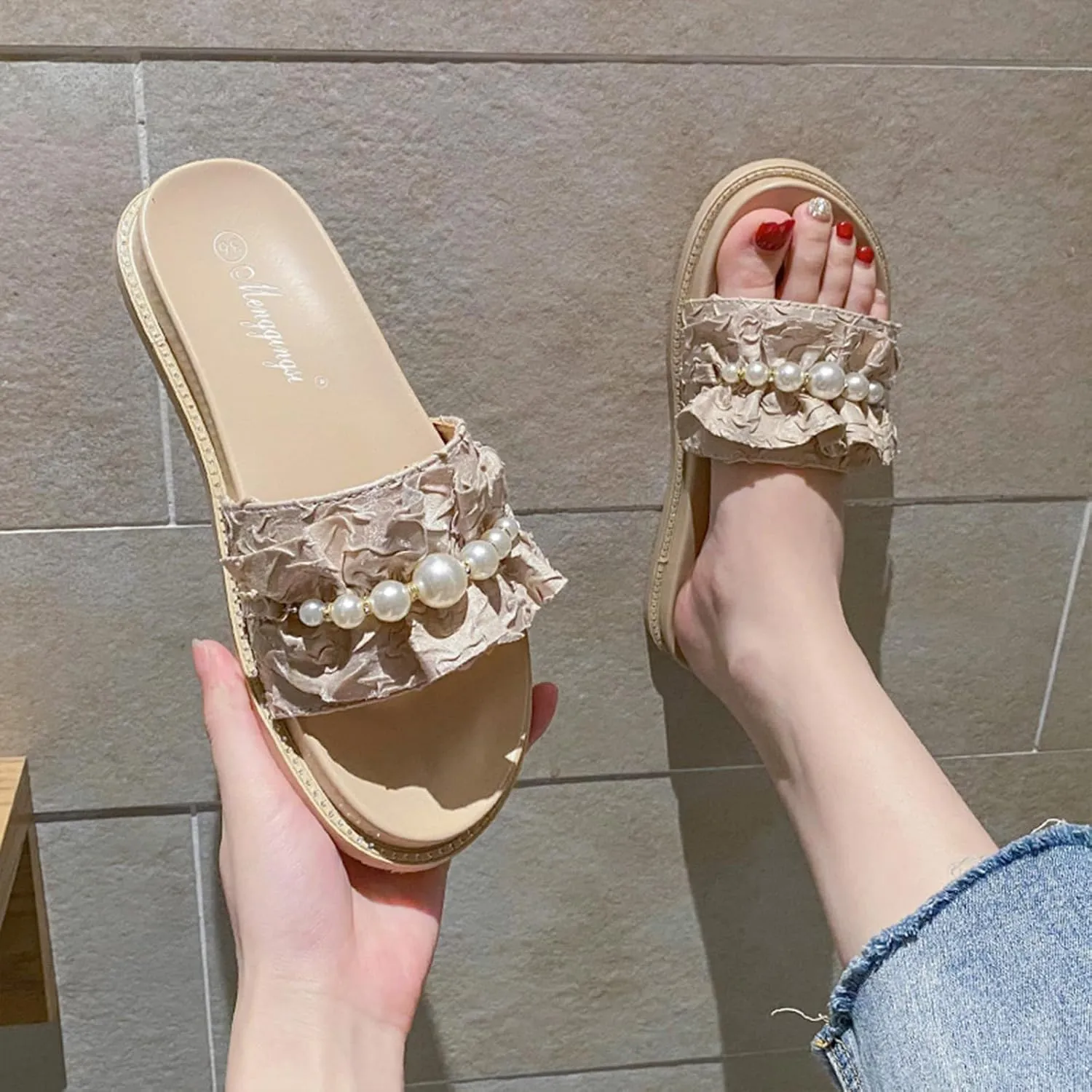 Women'S Ruffles Pearl Platform Sandals Fashion Round Open Toe Slip On Memory Foam Comfory Chunky Sole Dress Slides Sandals Outdoor Beach Casual Slippers
