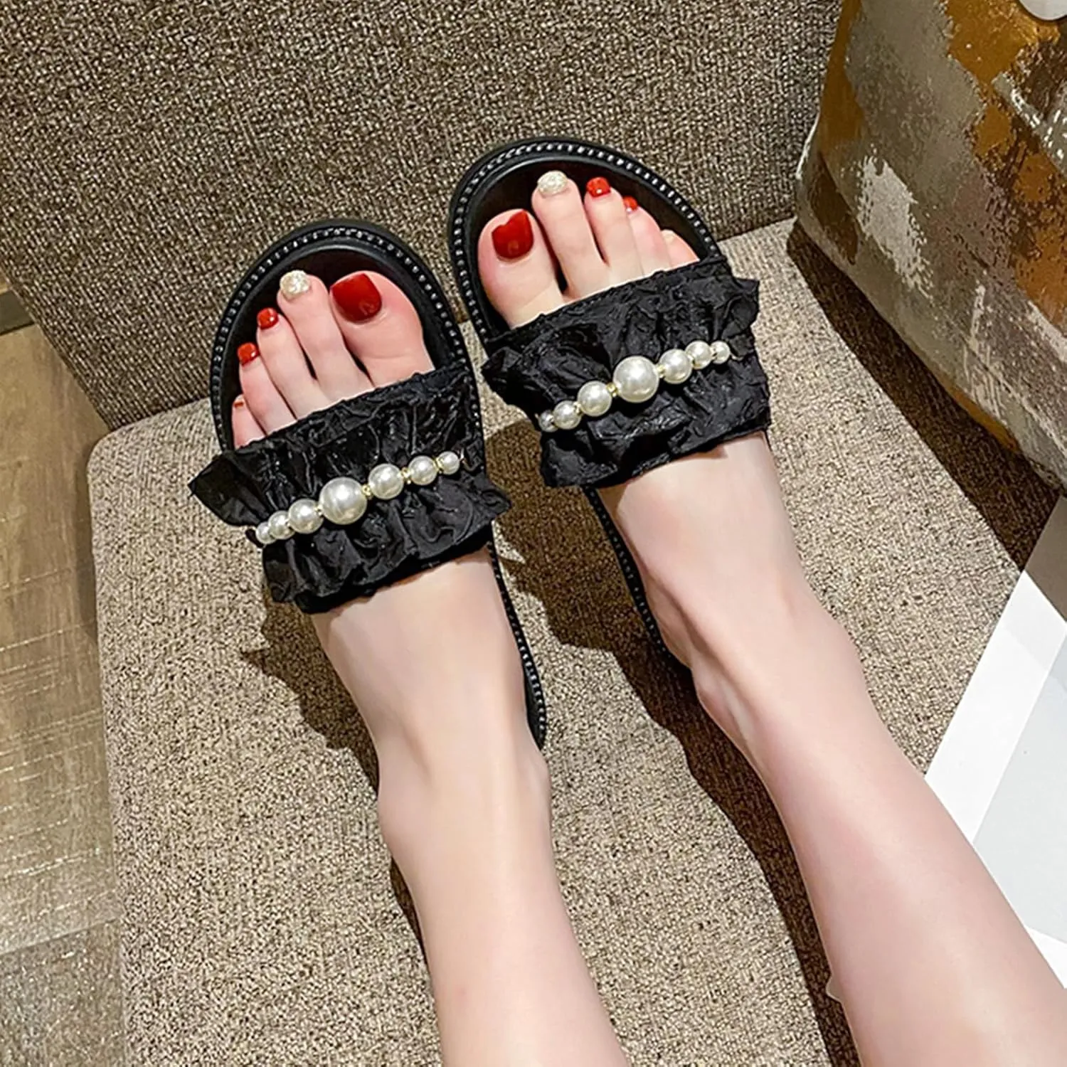 Women'S Ruffles Pearl Platform Sandals Fashion Round Open Toe Slip On Memory Foam Comfory Chunky Sole Dress Slides Sandals Outdoor Beach Casual Slippers