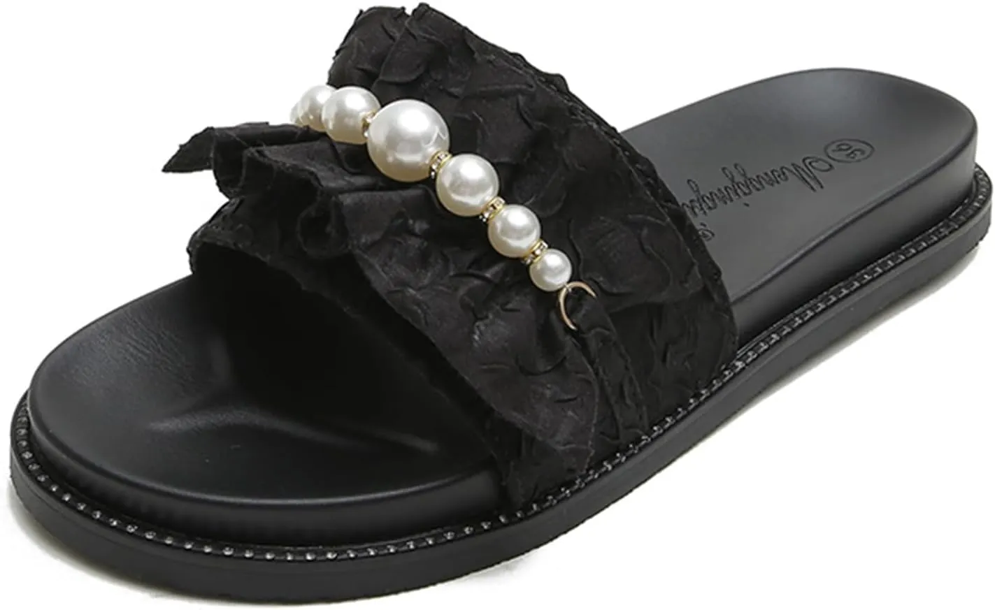 Women'S Ruffles Pearl Platform Sandals Fashion Round Open Toe Slip On Memory Foam Comfory Chunky Sole Dress Slides Sandals Outdoor Beach Casual Slippers