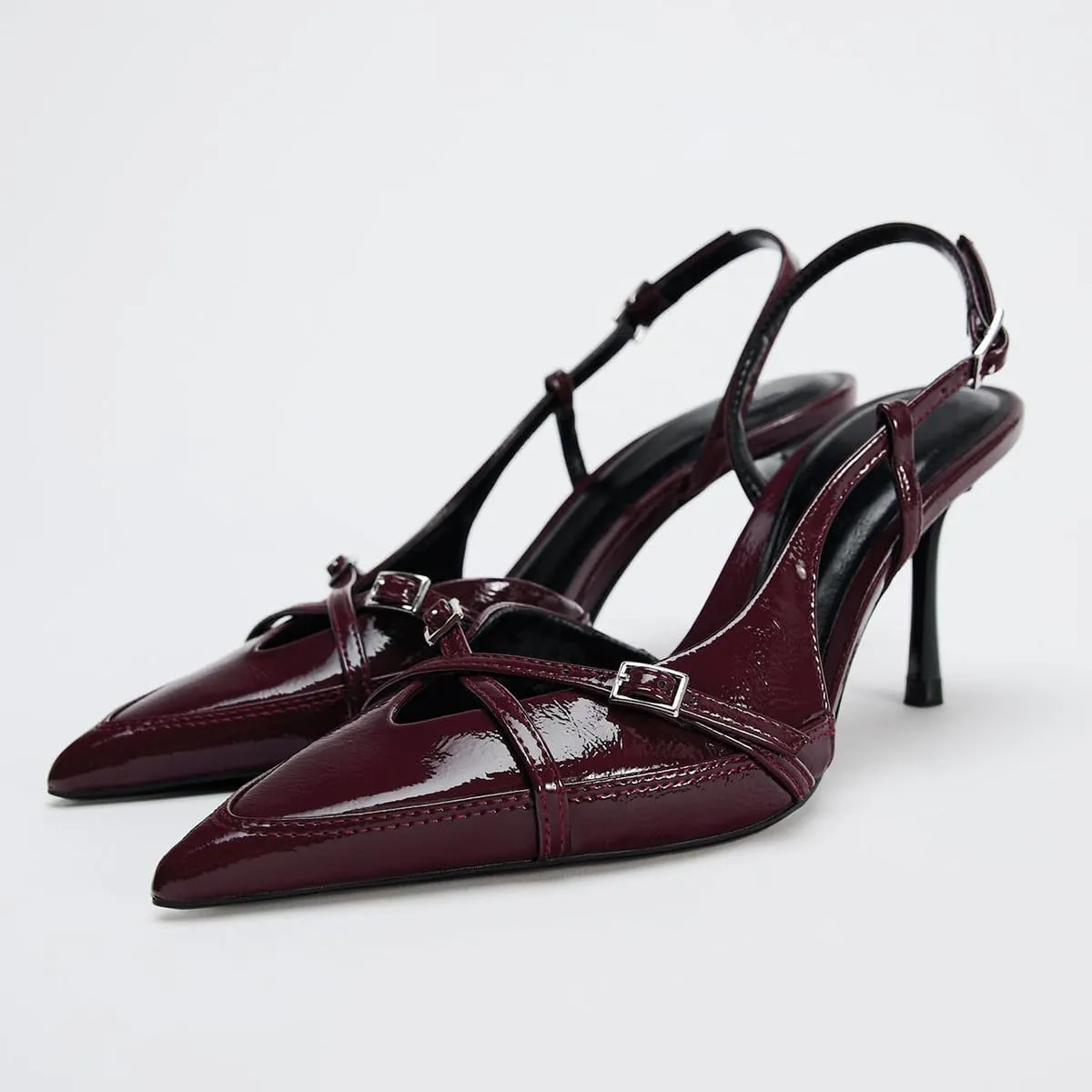 Women's Slingback Heels in A Faux Patent Leather Finish Pump Bow Detail Buckle Closure Thin Heel Pointed Toe Wedding Party Office Dance Dress Shoes