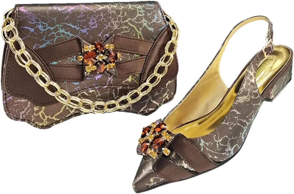 Women's Trendy Round Heel Pointed Toe Pump and Bag Set with Buckle Strap for Fashionable Outfits