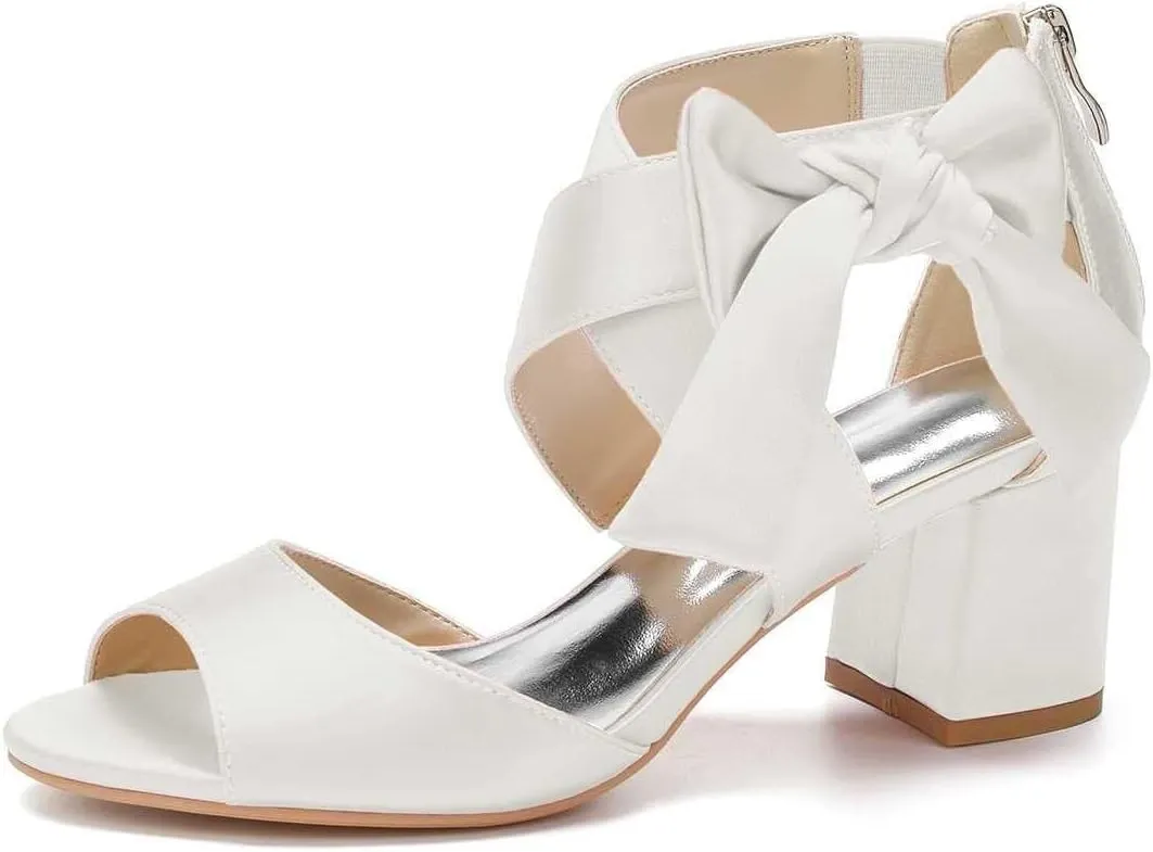 Womens Wedding Shoes Women's Low Block Heel Sandals Satin Bridal Chunky Ankle Strap Zipper Wedding Dress Shoes Low Heel Pump(Ivory,5)
