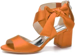 Womens Wedding Shoes Women's Low Block Heel Sandals Satin Bridal Chunky Ankle Strap Zipper Wedding Dress Shoes Low Heel Pump(Orange,9)