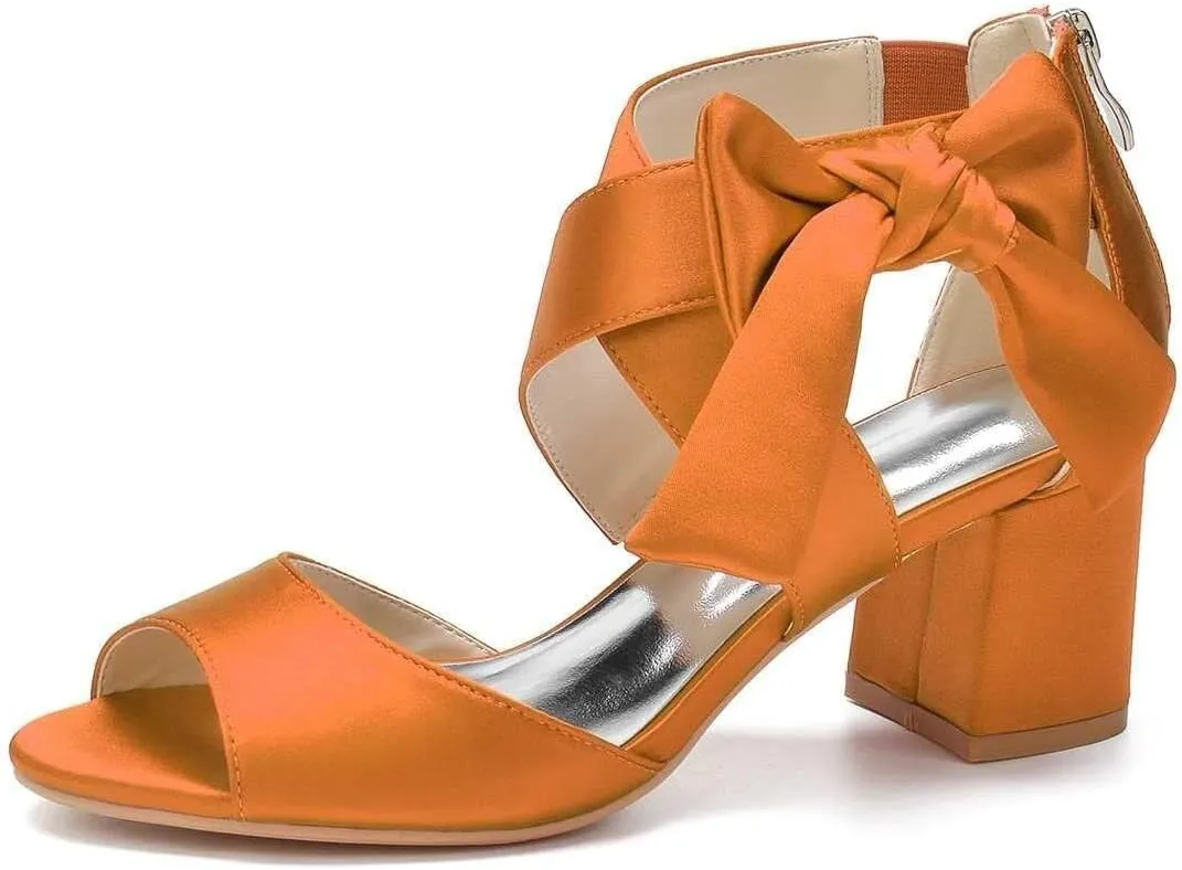 Womens Wedding Shoes Women's Low Block Heel Sandals Satin Bridal Chunky Ankle Strap Zipper Wedding Dress Shoes Low Heel Pump(Orange,9)