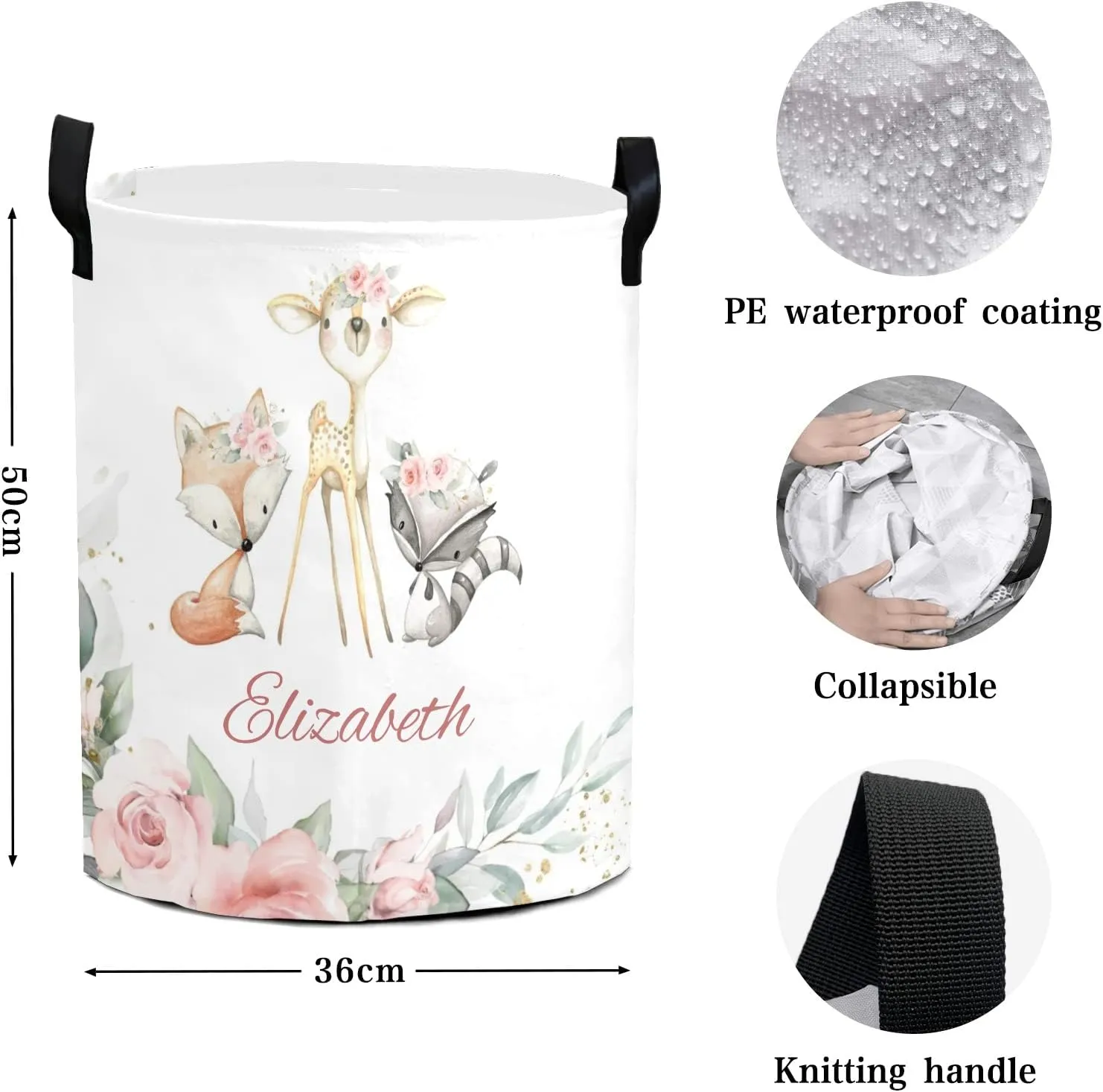 Woodland Animals Deer Pink Flower Personalized Waterproof Foldable Laundry Basket Bag with Handle, Custom Collapsible Clothes Hamper Storage Bin for Toys Laundry Dorm Travel Bathroom