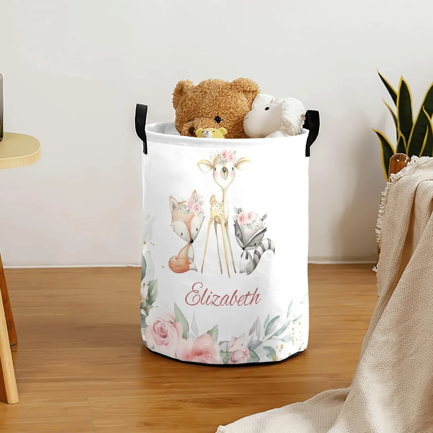 Woodland Animals Deer Pink Flower Personalized Waterproof Foldable Laundry Basket Bag with Handle, Custom Collapsible Clothes Hamper Storage Bin for Toys Laundry Dorm Travel Bathroom