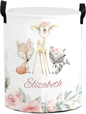 Woodland Animals Deer Pink Flower Personalized Waterproof Foldable Laundry Basket Bag with Handle, Custom Collapsible Clothes Hamper Storage Bin for Toys Laundry Dorm Travel Bathroom