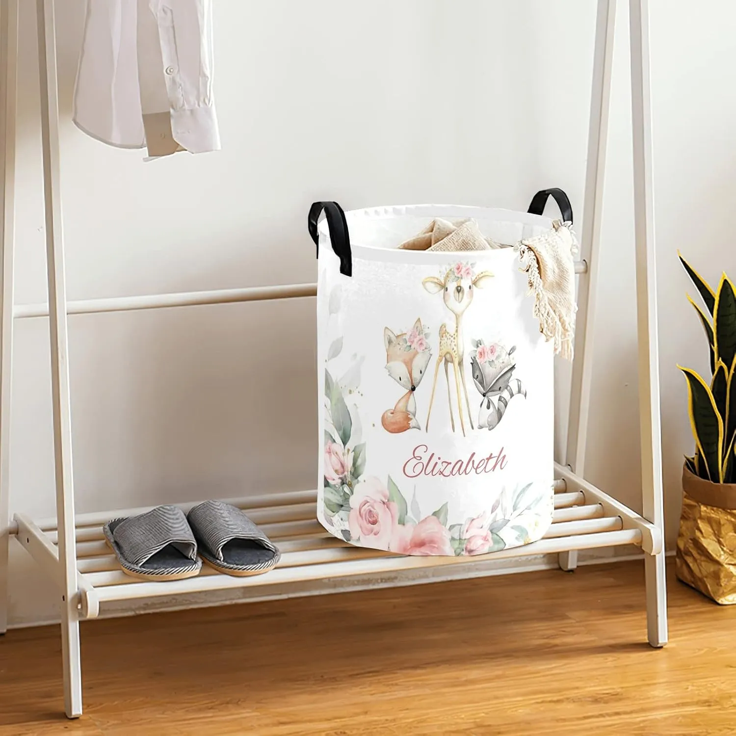 Woodland Animals Deer Pink Flower Personalized Waterproof Foldable Laundry Basket Bag with Handle, Custom Collapsible Clothes Hamper Storage Bin for Toys Laundry Dorm Travel Bathroom