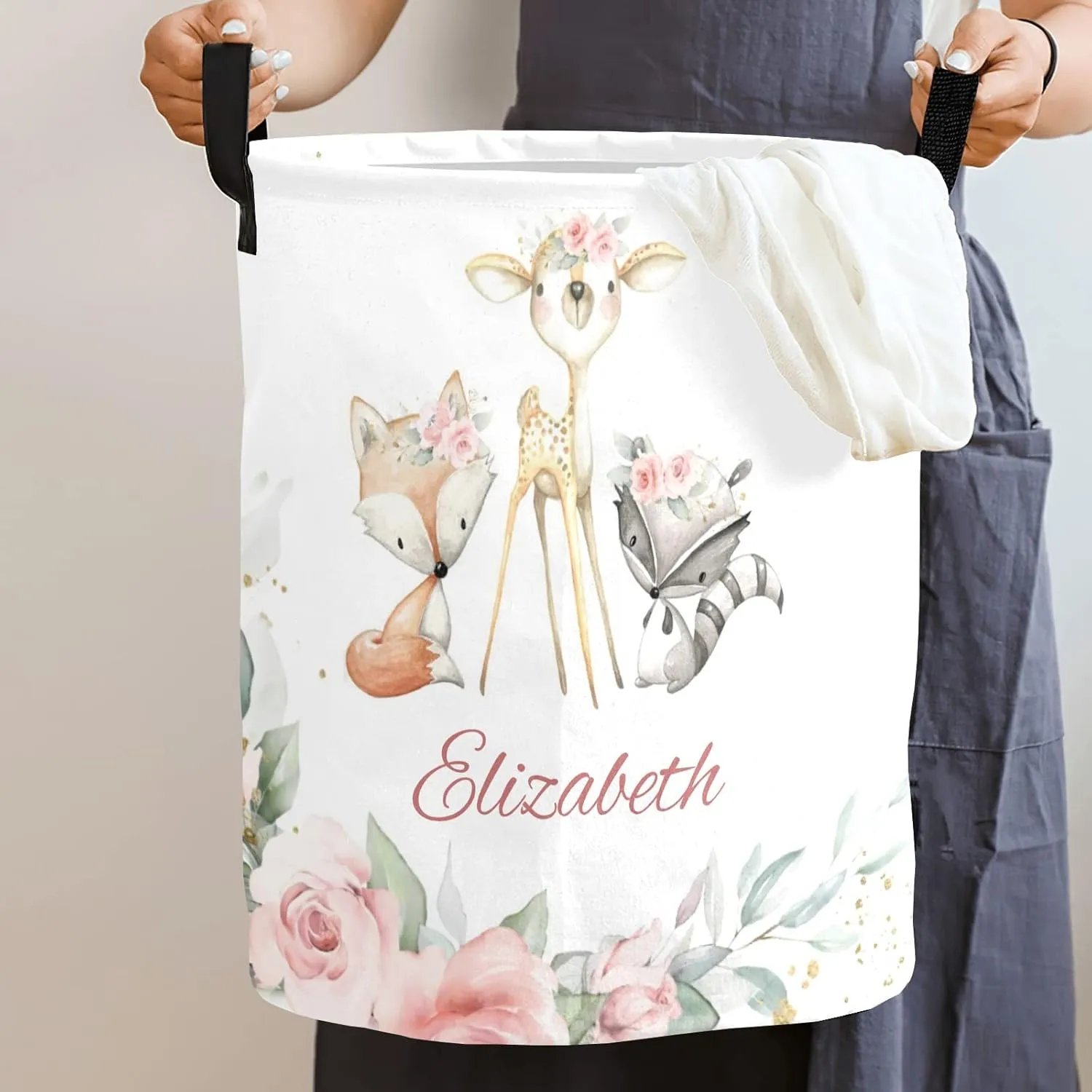Woodland Animals Deer Pink Flower Personalized Waterproof Foldable Laundry Basket Bag with Handle, Custom Collapsible Clothes Hamper Storage Bin for Toys Laundry Dorm Travel Bathroom