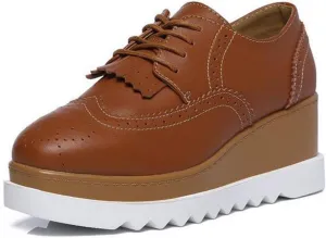 WUIWUIYU Womens Square-Toe Mid Heel Lace Up Brogues Platform Shoes