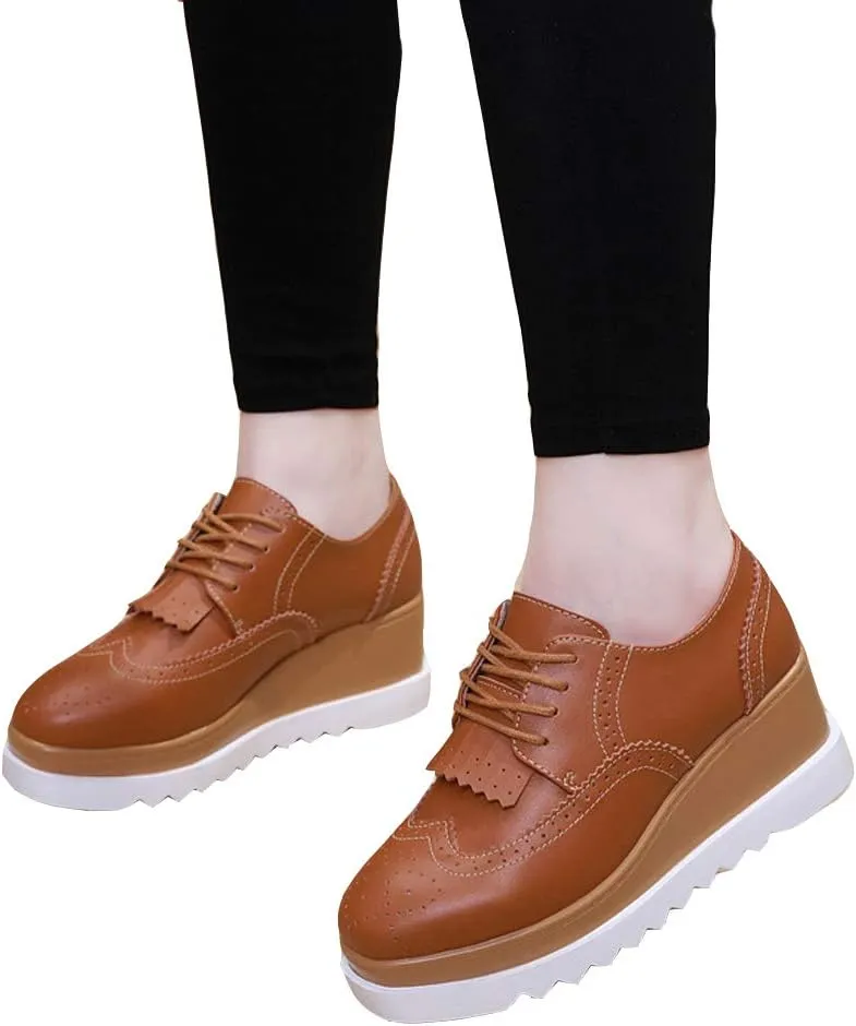 WUIWUIYU Womens Square-Toe Mid Heel Lace Up Brogues Platform Shoes