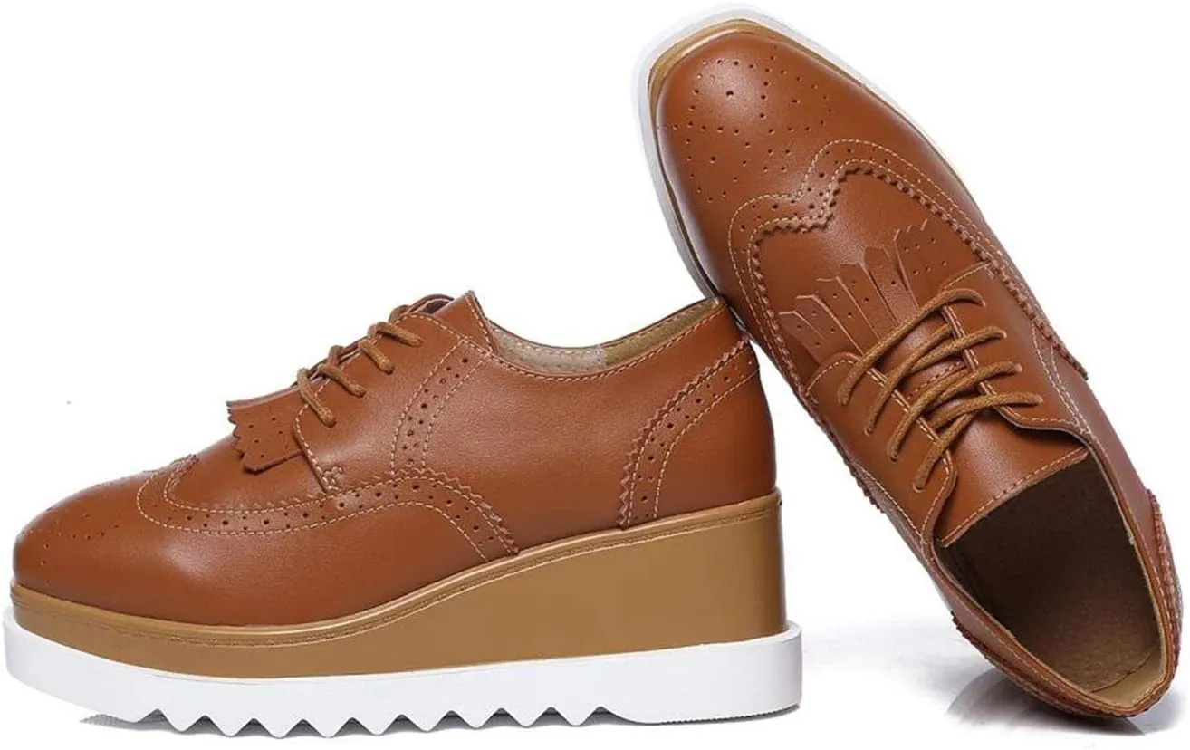 WUIWUIYU Womens Square-Toe Mid Heel Lace Up Brogues Platform Shoes