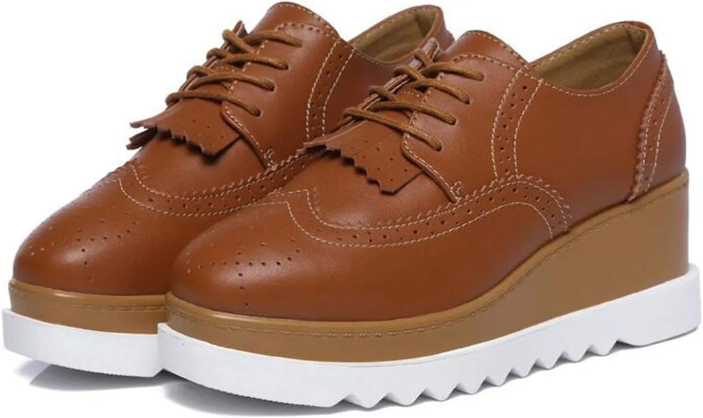 WUIWUIYU Womens Square-Toe Mid Heel Lace Up Brogues Platform Shoes