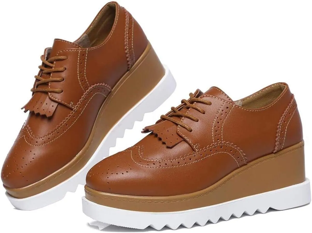 WUIWUIYU Womens Square-Toe Mid Heel Lace Up Brogues Platform Shoes
