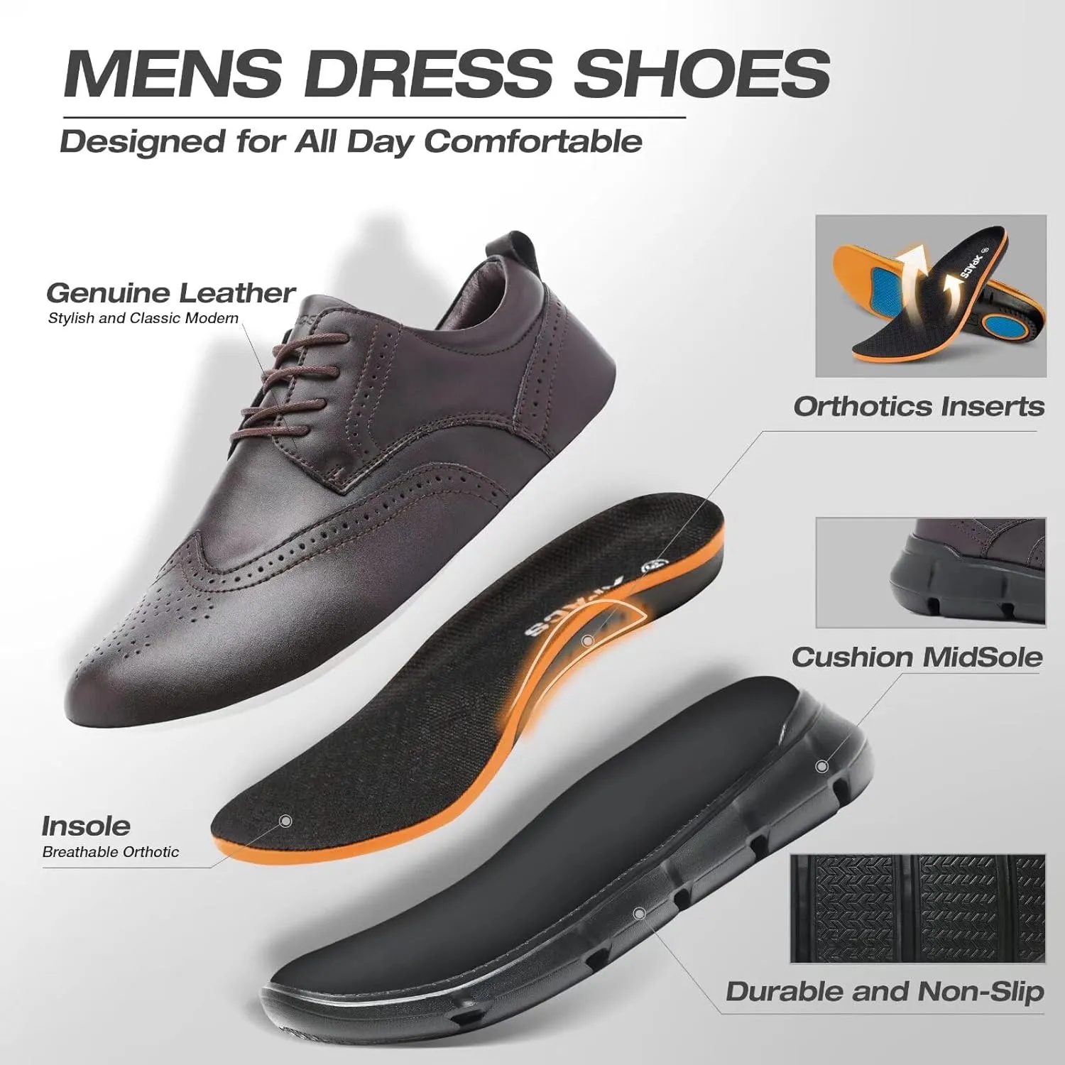 XPACS Men's Orthopedic Leather Dress Walking Shoes: Comfortable Arch Support Orthotic Plantar Fasciitis Business Formal Oxford, Flat Feet Casual Tennis Working Shoes for Foot and Heel Pain Relief