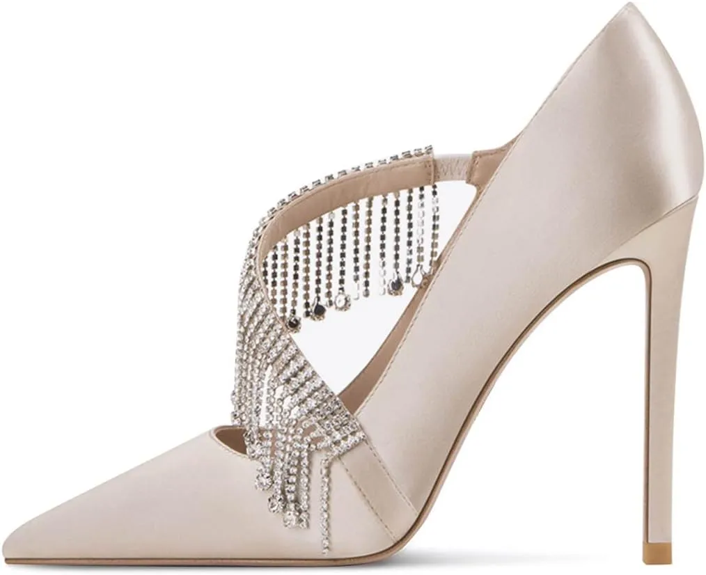XYD Women Crossover Strap Sandal Pumps Pointed Toe Drape Rhinestones High Heel Chic Satin Cocktail Wedding Bridal Shoes