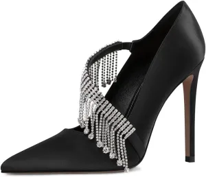 XYD Women Crossover Strap Sandal Pumps Pointed Toe Drape Rhinestones High Heel Chic Satin Cocktail Wedding Bridal Shoes
