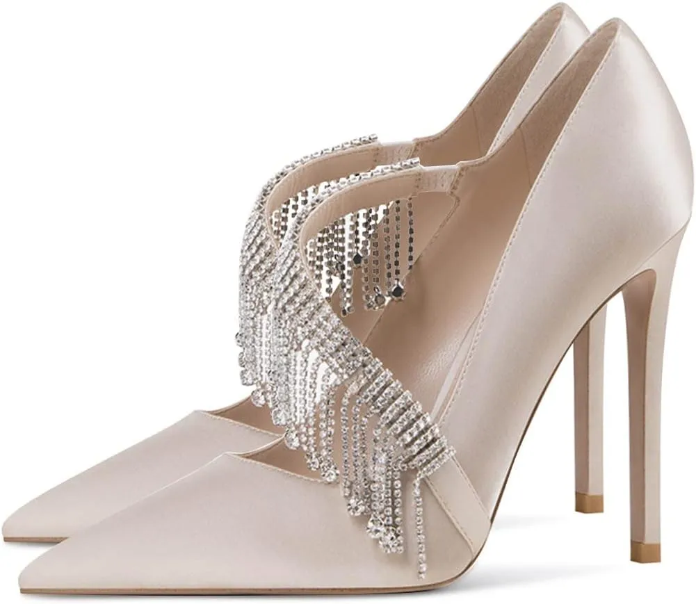 XYD Women Crossover Strap Sandal Pumps Pointed Toe Drape Rhinestones High Heel Chic Satin Cocktail Wedding Bridal Shoes