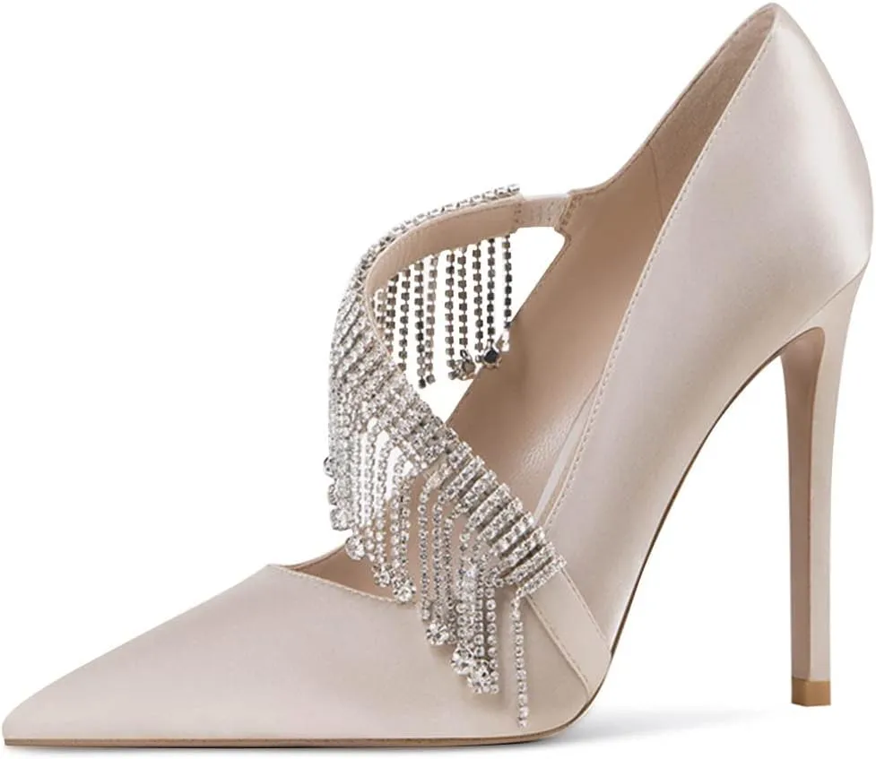 XYD Women Crossover Strap Sandal Pumps Pointed Toe Drape Rhinestones High Heel Chic Satin Cocktail Wedding Bridal Shoes
