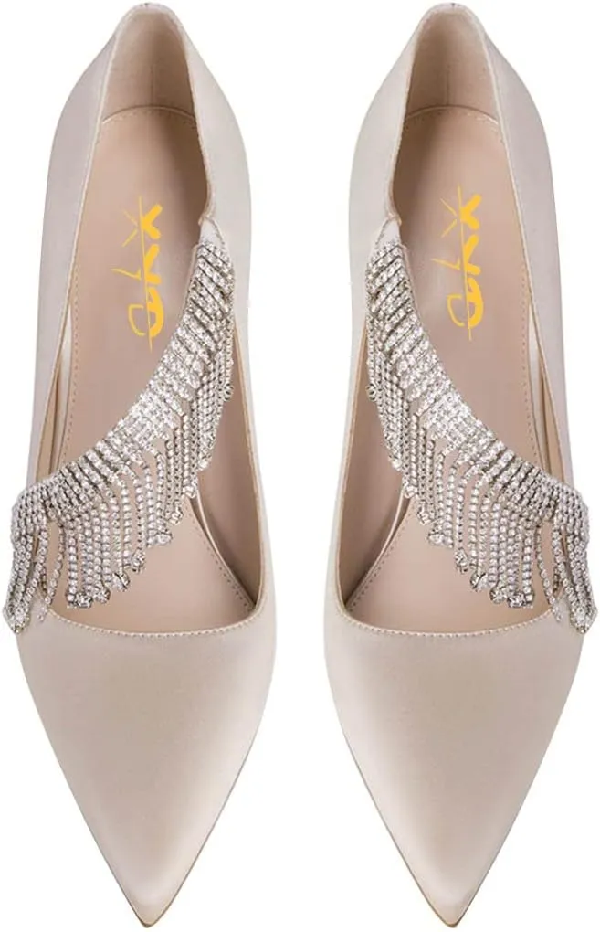 XYD Women Crossover Strap Sandal Pumps Pointed Toe Drape Rhinestones High Heel Chic Satin Cocktail Wedding Bridal Shoes