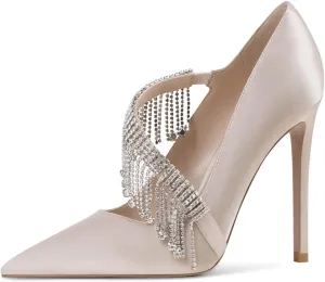 XYD Women Crossover Strap Sandal Pumps Pointed Toe Drape Rhinestones High Heel Chic Satin Cocktail Wedding Bridal Shoes