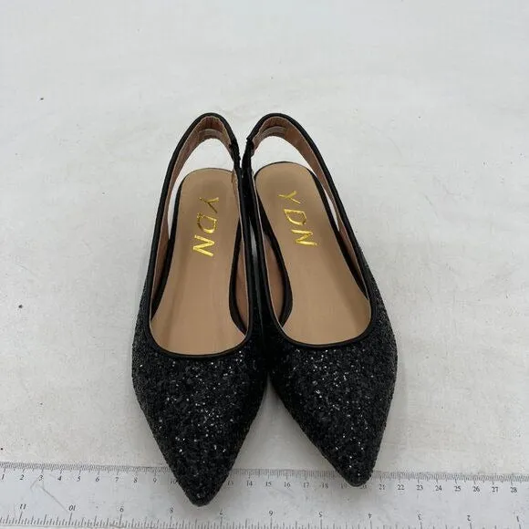 YDN Black Glitter Pointed Toe Slingback Low Heel Comfortable Slide Sandals