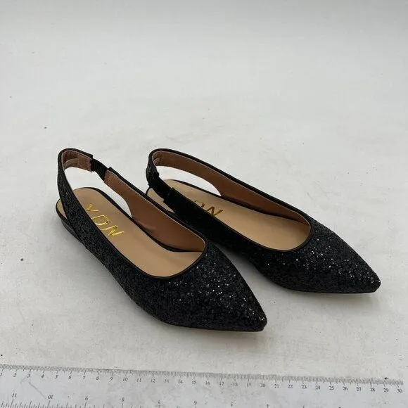 YDN Black Glitter Pointed Toe Slingback Low Heel Comfortable Slide Sandals