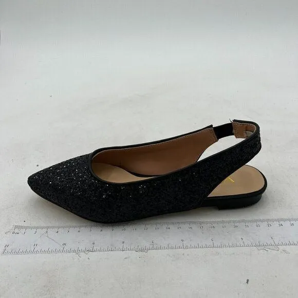 YDN Black Glitter Pointed Toe Slingback Low Heel Comfortable Slide Sandals