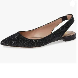 YDN Black Glitter Pointed Toe Slingback Low Heel Comfortable Slide Sandals